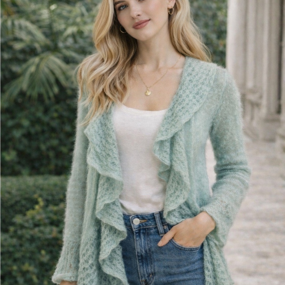 Vintage Kid Mohair Fuzzy Ruffle Cardigan Seafoam Mint Green Sweater 36086